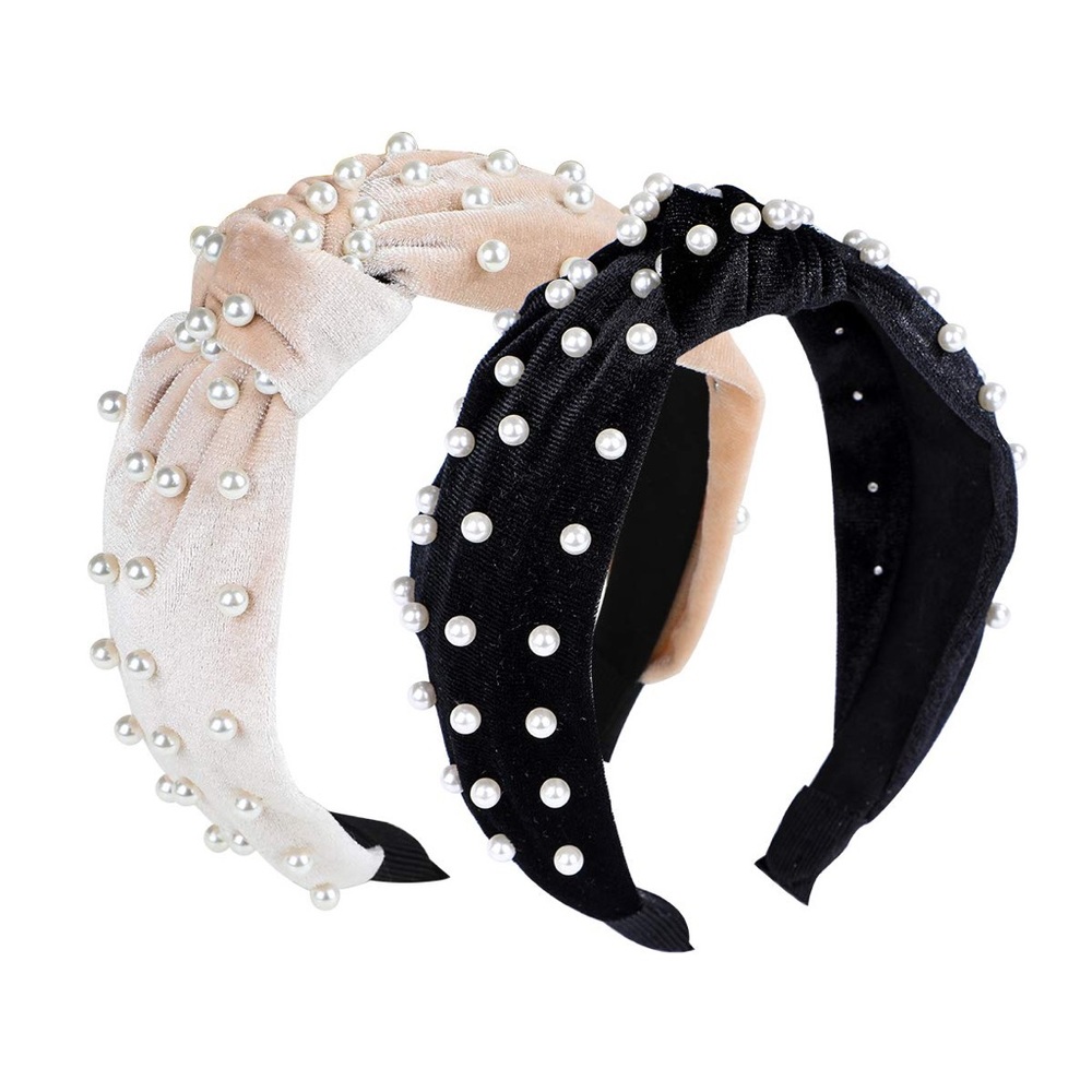 Velvet Pearl Top Knot Headbands Beige and Black